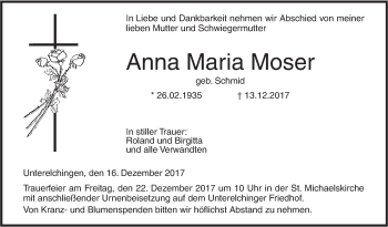 Traueranzeige von Anna Maria Moser von SÜDWEST PRESSE Ausgabe Ulm/Neu-Ulm