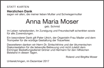 Traueranzeige von Anna Maria Moser von SÜDWEST PRESSE Ausgabe Ulm/Neu-Ulm