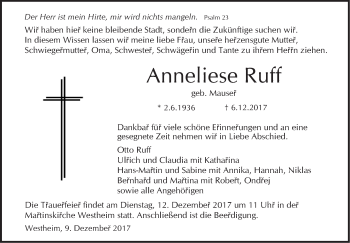 Traueranzeige von Anneliese Ruff von Haller Tagblatt