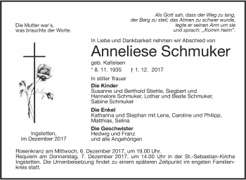 Traueranzeige von Anneliese Schmuker von Ehinger Tagblatt