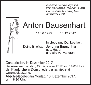 Traueranzeige von Anton Bausenhart von SÜDWEST PRESSE Ausgabe Ulm/Neu-Ulm