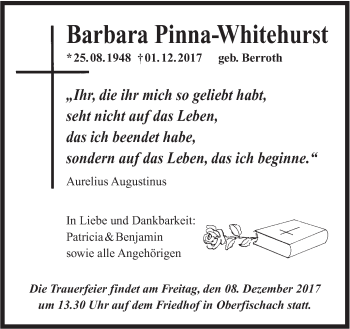 Traueranzeige von Barbara Pinna-Whitehurst von Haller Tagblatt