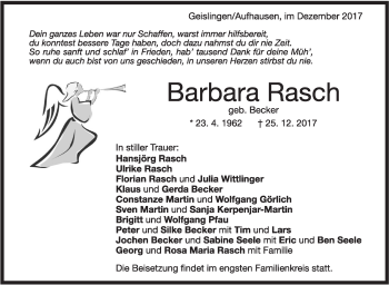 Traueranzeige von Barbara Rasch von NWZ Neue Württembergische Zeitung/Geislinger Zeitung