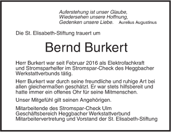 Traueranzeige von Bernd Burkert von SÜDWEST PRESSE Ausgabe Ulm/Neu-Ulm