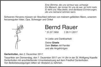 Traueranzeige von Bernd Rauer von SÜDWEST PRESSE Ausgabe Ulm/Neu-Ulm