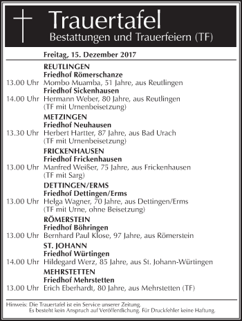 Traueranzeige von Bestattungen vom 15.12.2017 von Metzinger-Uracher Volksblatt