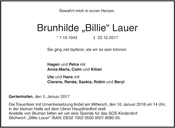 Traueranzeige von Brunhilde Lauer von SÜDWEST PRESSE Ausgabe Ulm/Neu-Ulm