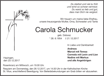 Traueranzeige von Carola Schmucker von Alb-Bote/Metzinger-Uracher Volksblatt