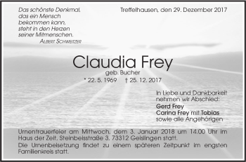 Traueranzeige von Claudia Frey von Geislinger Zeitung