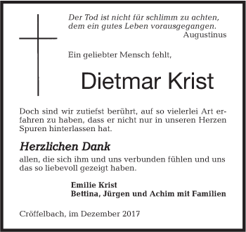 Traueranzeige von Dietmar Krist von Haller Tagblatt