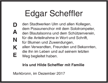 Traueranzeige von Edgar Scheffler von SÜDWEST PRESSE Ausgabe Ulm/Neu-Ulm