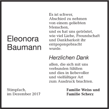 Traueranzeige von Eleonora Baumann von Hohenloher Tagblatt