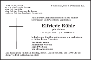 Traueranzeige von Elfriede Rühle von Metzinger-Uracher Volksblatt