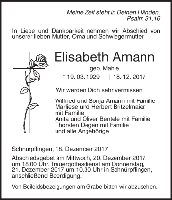 Traueranzeige von Elisabeth Amann von SÜDWEST PRESSE Ausgabe Ulm/Neu-Ulm