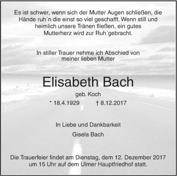 Traueranzeige von Elisabeth Bach von SÜDWEST PRESSE Ausgabe Ulm/Neu-Ulm