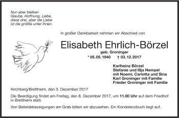 Traueranzeige von Elisabeth Ehrlich-Börzel von Hohenloher Tagblatt