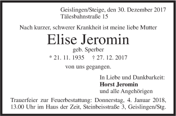 Traueranzeige von Elise Jeromin von Geislinger Zeitung