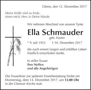 Traueranzeige von Ella Schmauder von Metzinger-Uracher Volksblatt