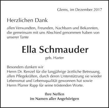 Traueranzeige von Ella Schmauder von Metzinger-Uracher Volksblatt