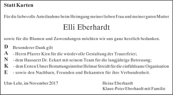 Traueranzeige von Elli Eberhardt von SÜDWEST PRESSE Ausgabe Ulm/Neu-Ulm