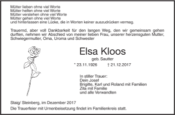 Traueranzeige von Elsa Kloos von SÜDWEST PRESSE Ausgabe Ulm/Neu-Ulm