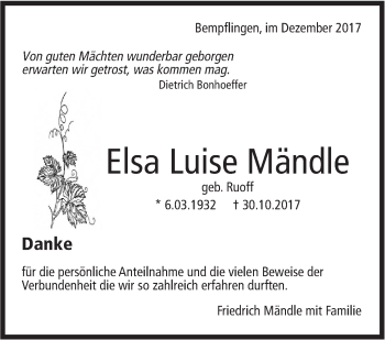 Traueranzeige von Elsa Luise Mändle von Metzinger-Uracher Volksblatt