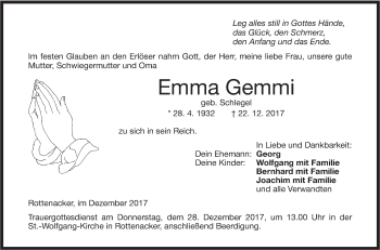 Traueranzeige von Emma Gemmi von Ehinger Tagblatt