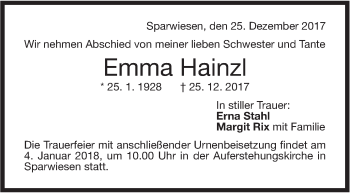 Traueranzeige von Emma Hainzl von NWZ Neue Württembergische Zeitung