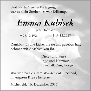 Traueranzeige von Emma Kubisek von Haller Tagblatt