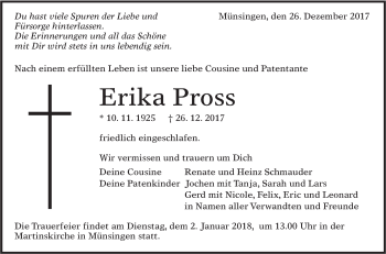 Traueranzeige von Erika Pross von Alb-Bote/Metzinger-Uracher Volksblatt