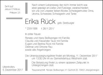 Traueranzeige von Erika Rück von Haller Tagblatt