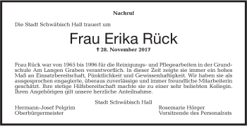 Traueranzeige von Erika Rück von Haller Tagblatt