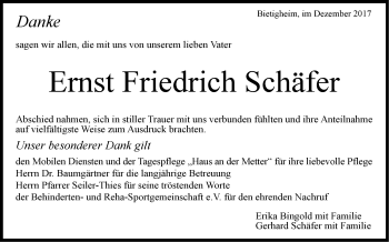 Traueranzeige von Ernst Friedrich Schäfer von SÜDWEST PRESSE