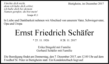 Traueranzeige von Ernst Friedrich Schäfer von SÜDWEST PRESSE