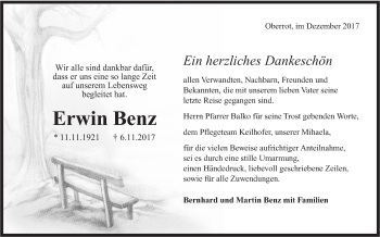 Traueranzeige von Erwin Benz von Rundschau Gaildorf