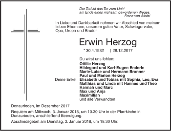 Traueranzeige von Erwin Herzog von SÜDWEST PRESSE Ausgabe Ulm/Neu-Ulm