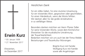 Traueranzeige von Erwin Kurz von Alb-Bote/Metzinger-Uracher Volksblatt