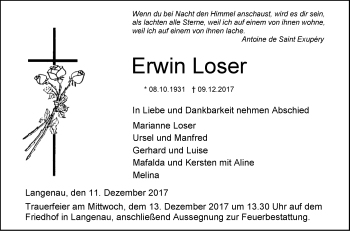 Traueranzeige von Erwin Loser von SÜDWEST PRESSE Ausgabe Ulm/Neu-Ulm