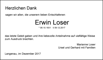 Traueranzeige von Erwin Loser von SÜDWEST PRESSE Ausgabe Ulm/Neu-Ulm