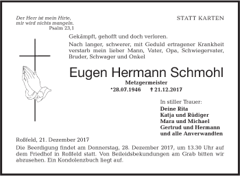 Traueranzeige von Eugen Hermann Schmohl von Hohenloher Tagblatt