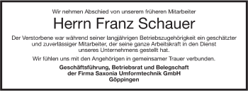 Traueranzeige von Franz Schauer von NWZ Neue Württembergische Zeitung