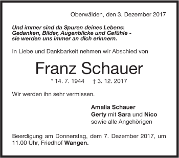 Traueranzeige von Franz Schauer von NWZ Neue Württembergische Zeitung