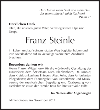 Traueranzeige von Franz Steinle von SÜDWEST PRESSE