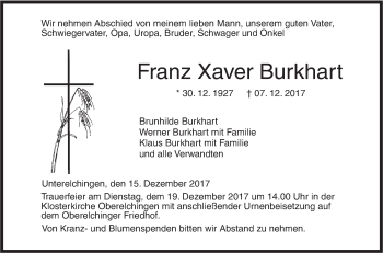 Traueranzeige von Franz Xaver Burkhart von SÜDWEST PRESSE Ausgabe Ulm/Neu-Ulm