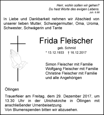 Traueranzeige von Frida Fleischer von SÜDWEST PRESSE Ausgabe Ulm/Neu-Ulm