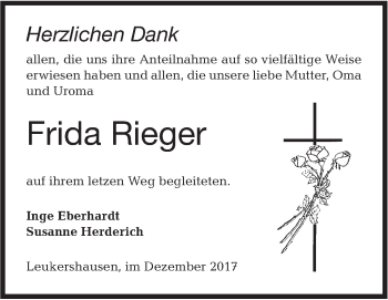 Traueranzeige von Frida Rieger von Hohenloher Tagblatt