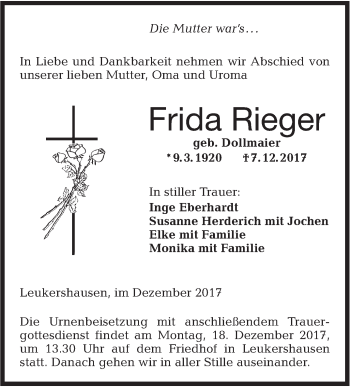 Traueranzeige von Frida Rieger von Hohenloher Tagblatt