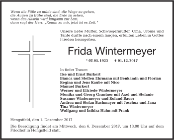 Traueranzeige von Frida Wintermeyer von Hohenloher Tagblatt