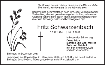 Traueranzeige von Fritz Schwarzenbach von SÜDWEST PRESSE Ausgabe Ulm/Neu-Ulm