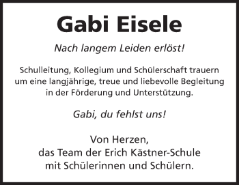 Traueranzeige von Gabi Eisele von Hohenzollerische Zeitung